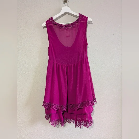 Free People Berry Fuchsia Crochet Lace Mini Dress Layered Hem Swing Dress 10 - Picture 8 of 15